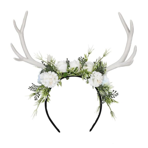 Handmade White Flower Antler Headpiece Woodland Reindeer Crown for Cosplay